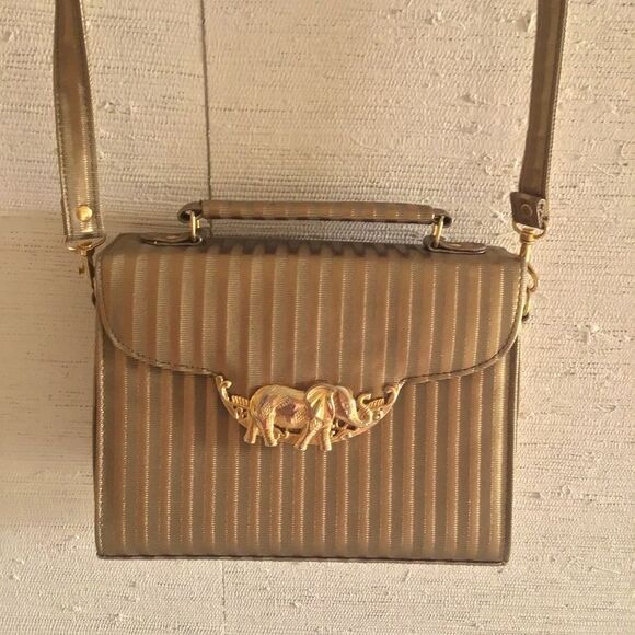 Vintage Elephant Embosed Gold Satin Handbag Crossbody - Picture 1 of 7